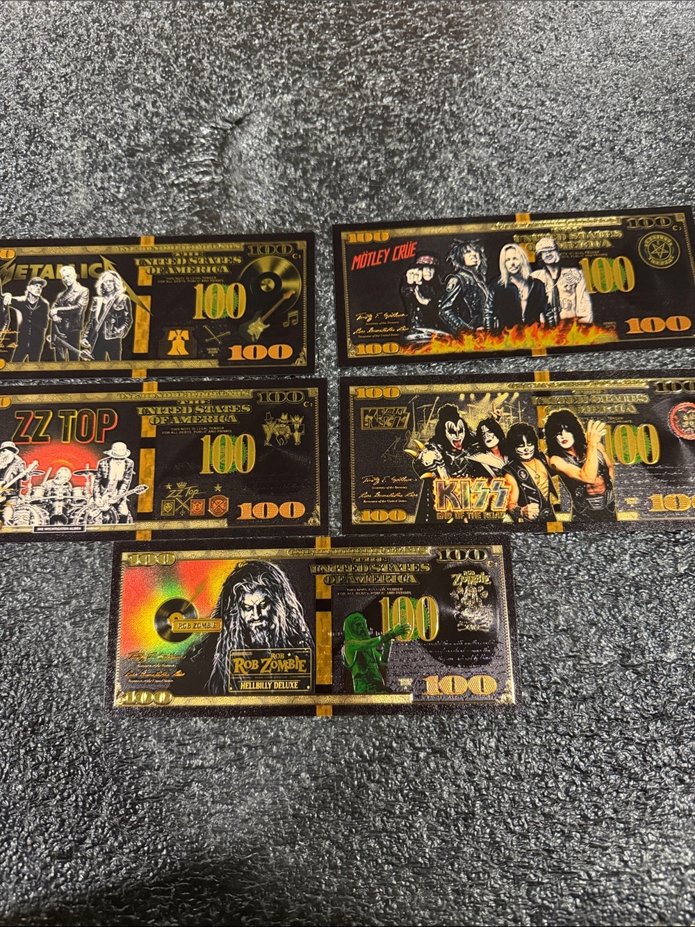 Novelty Rock Band Collectible $100 Style Note - Black & Gold set of 5